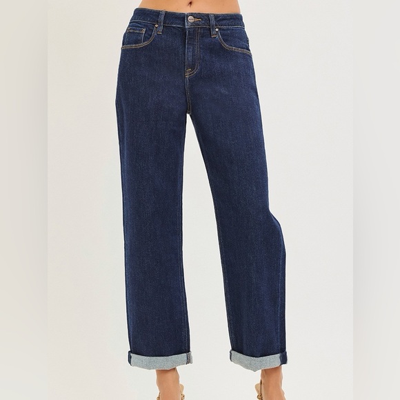 🩵 RISEN Slouchy CroppedBoyfriend Jeans With Cuffed Hem - Dark Wash